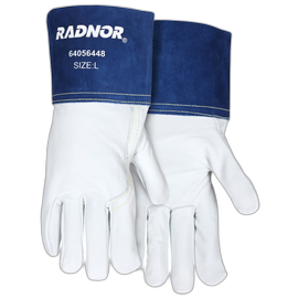 RADNOR™ Large 12 1/4" White And Blue Premium Grain Goatskin Unlined MIG/TIG Welders Gloves With 4" Split Cowhide Gauntlet Cuff